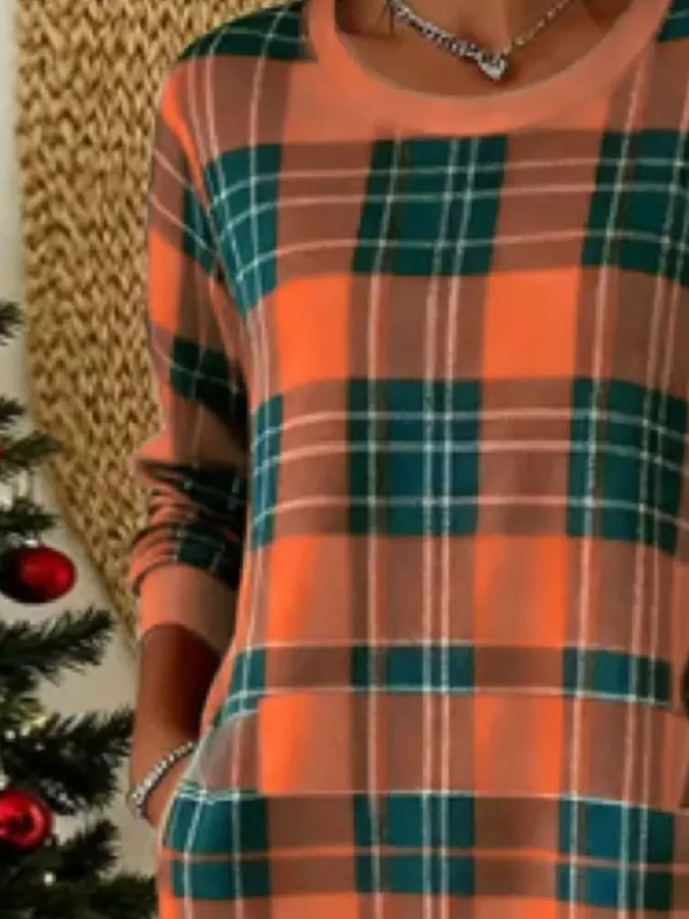 Full Size Plaid Long Sleeve Crew Neck Dress with Pockets Plus Size, image 6