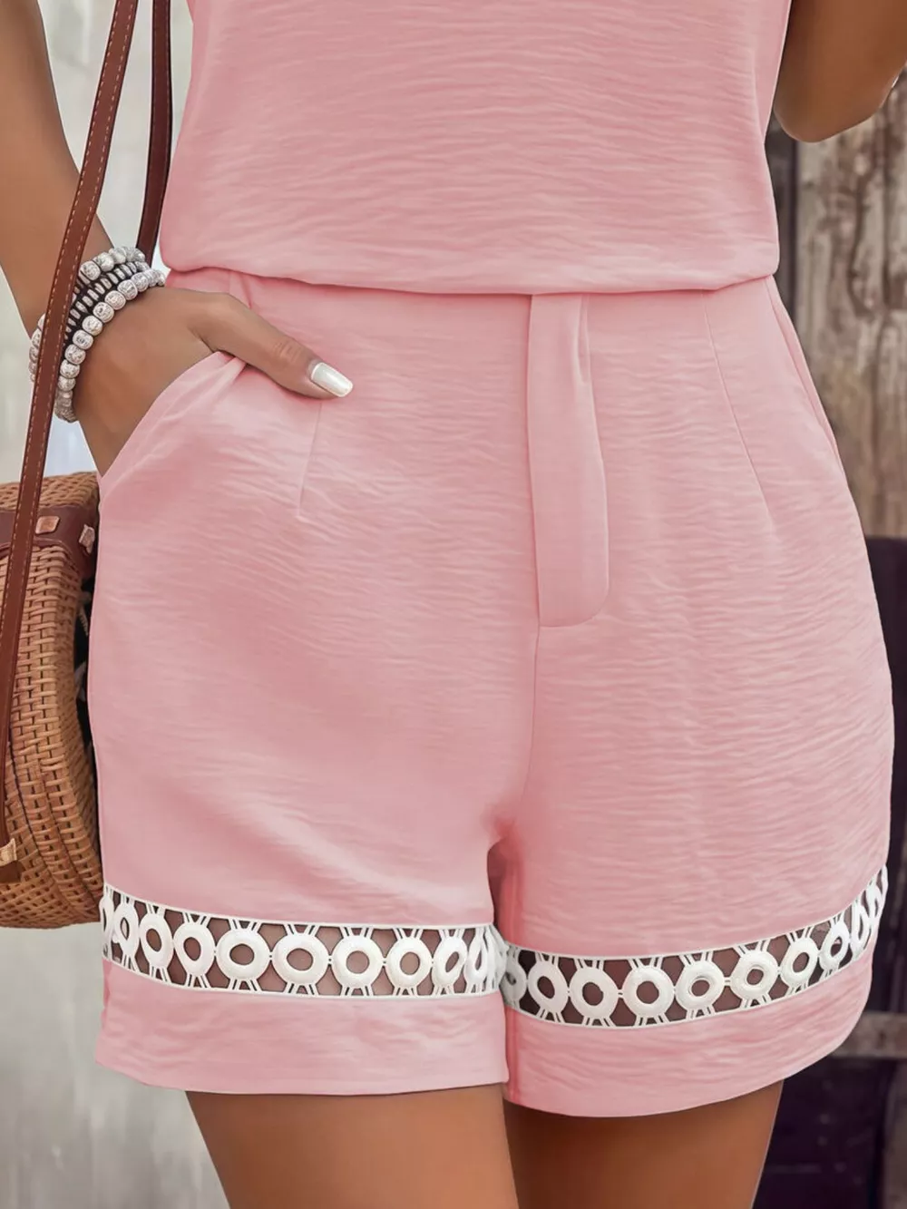Lace Trim Short Sleeve Top and Shorts Set, image 9