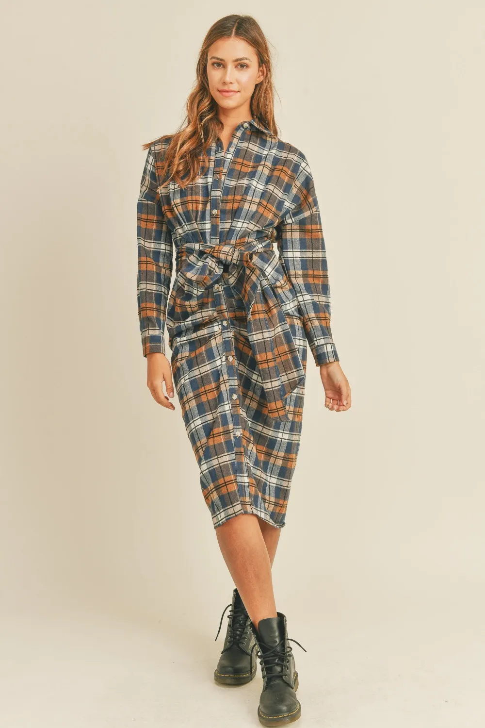 Plaid Flannel Front Tie Button Down Shirt Dress, image 5