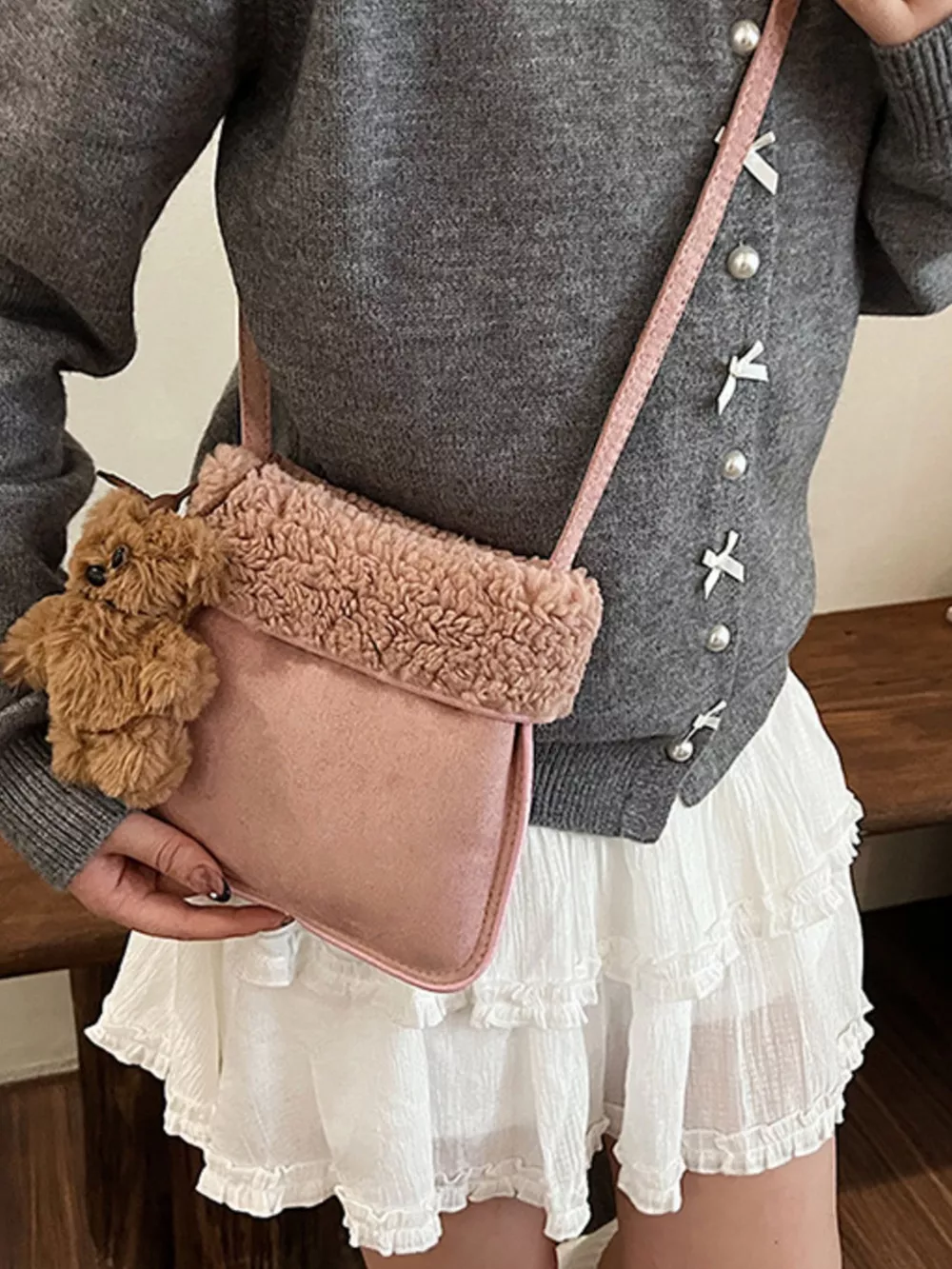 Teddy Bear Charm Plush Trim Crossbody Bag, image 6