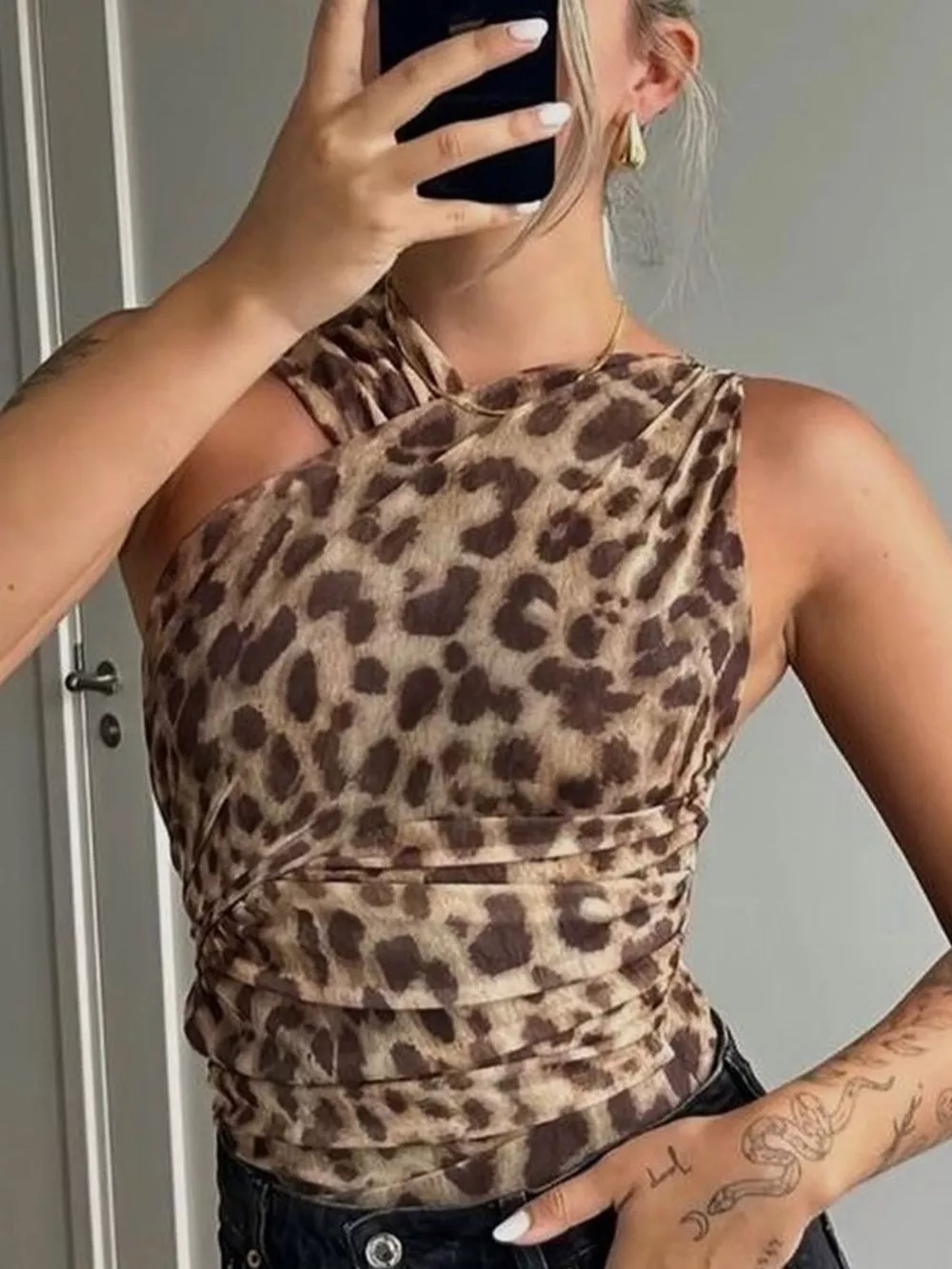 Asymmetrical Neck Leopard Bodysuit, image 6