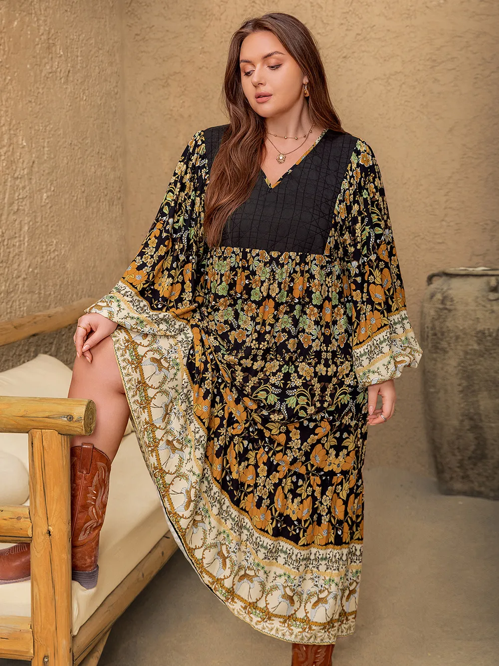 Plus Size Floral V-Neck Balloon Sleeve Midi Dress, image 6
