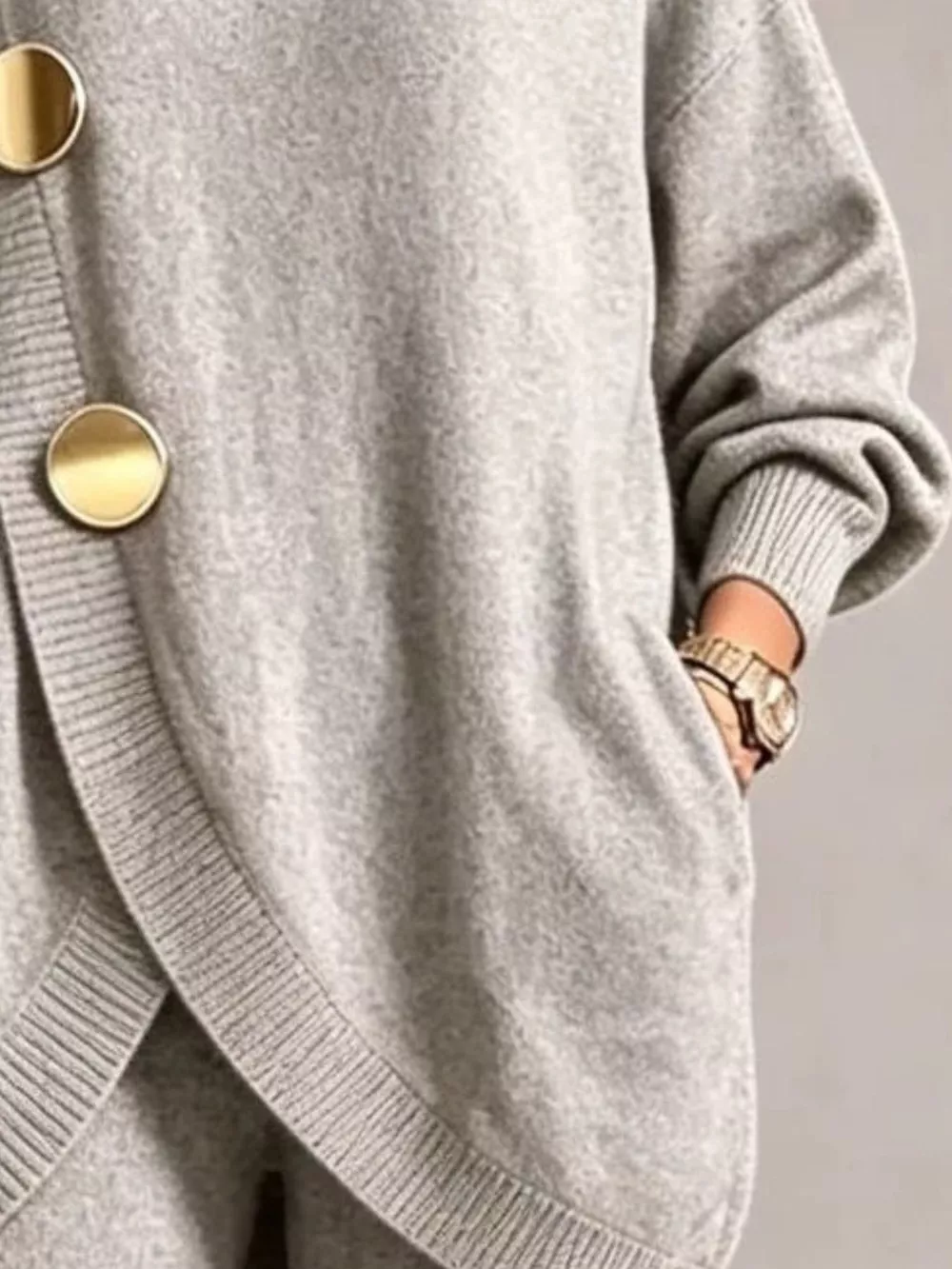 Full Size Elegant Turtleneck Asymmetric Button-Decorated Sweater and Pants Set Plus Size, image 4
