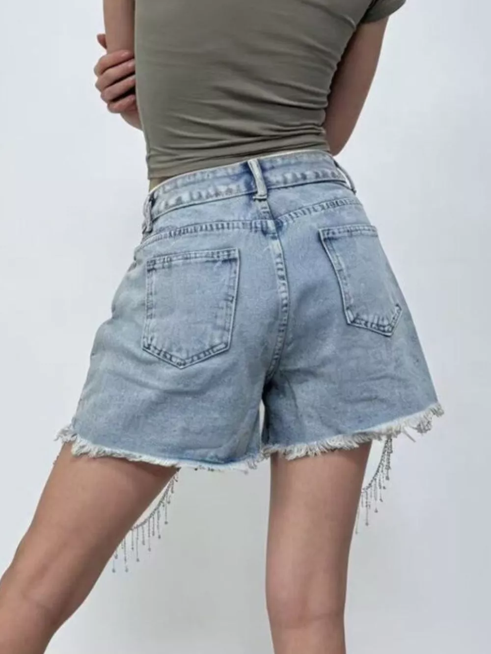 Rhinestone Chain Raw Hem Denim Shorts, image 3