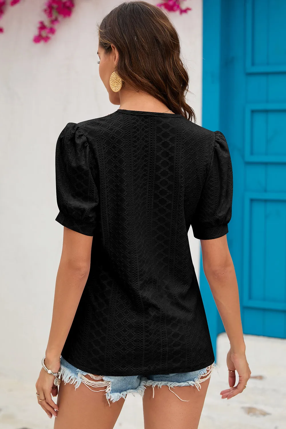 Eyelet V-Neck Short Sleeve T-Shirt, image 9