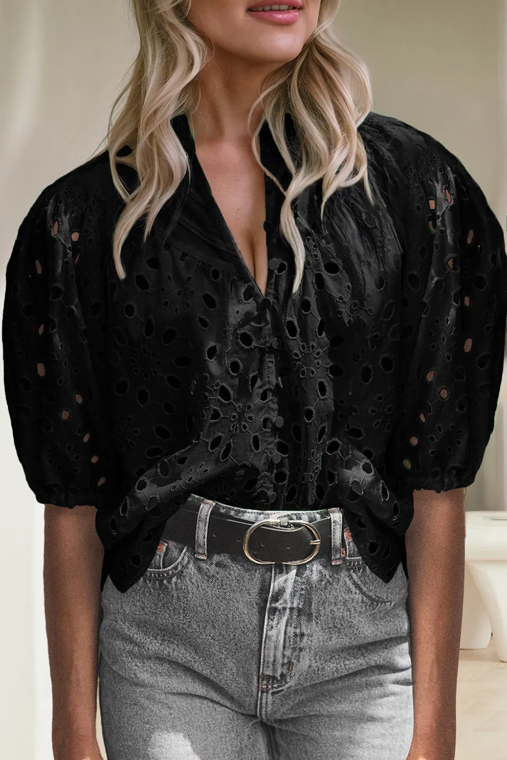 Eyelet Button Up Half Sleeve Blouse, image 5