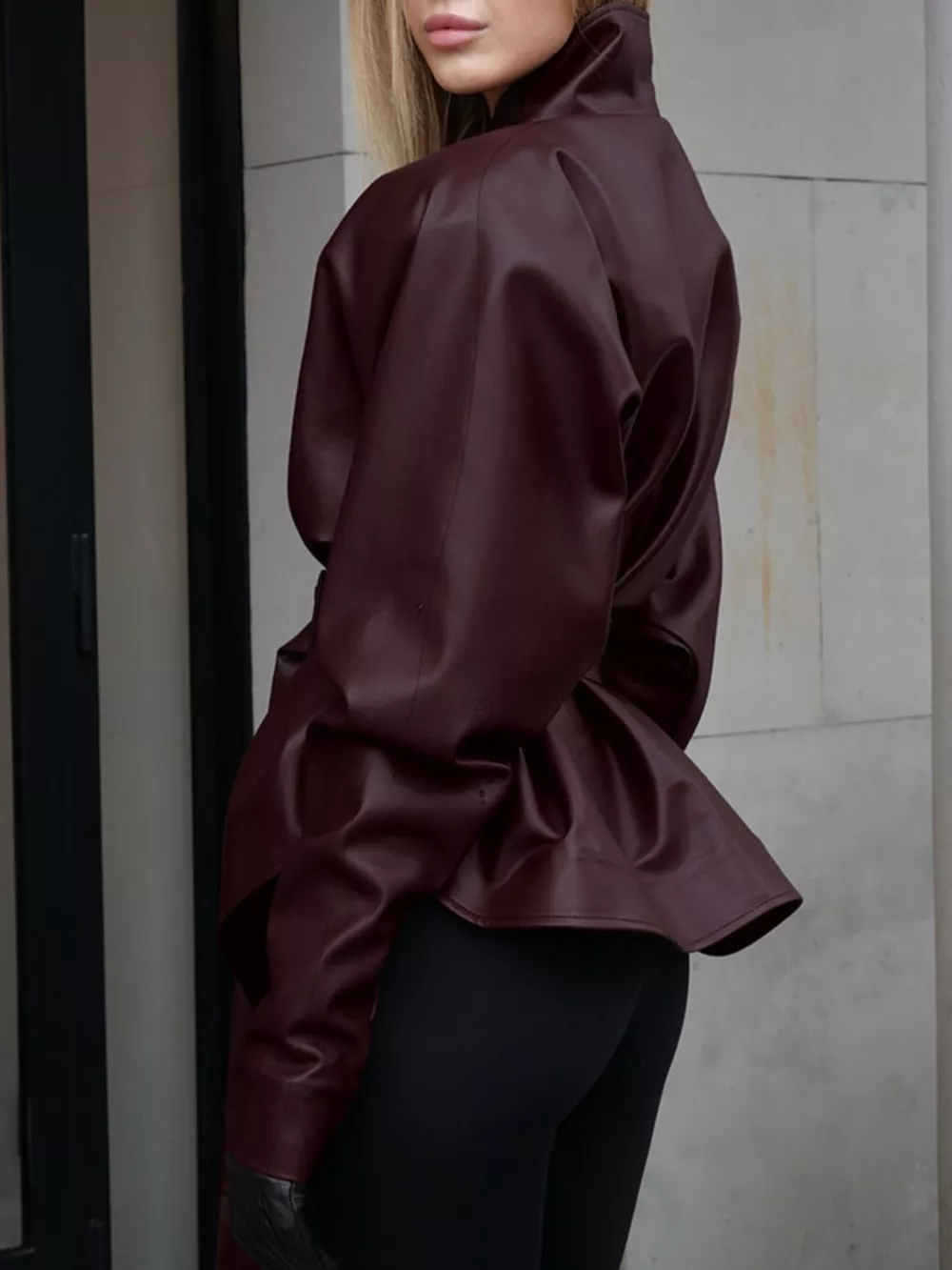 Stand Collar Belted Faux Leather Jacket, image 4