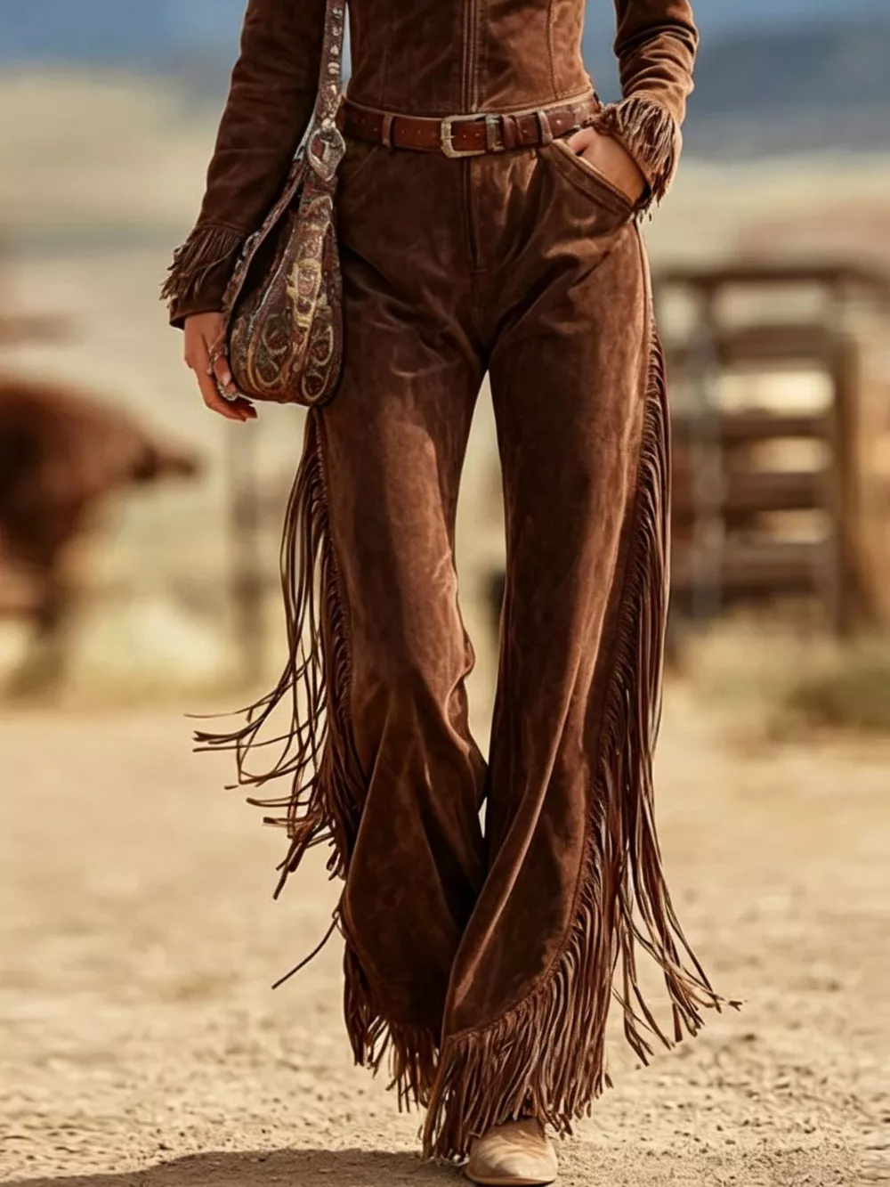 Western-Inspired Suede Fringe Jumpsuit with Zipper Front, image 4
