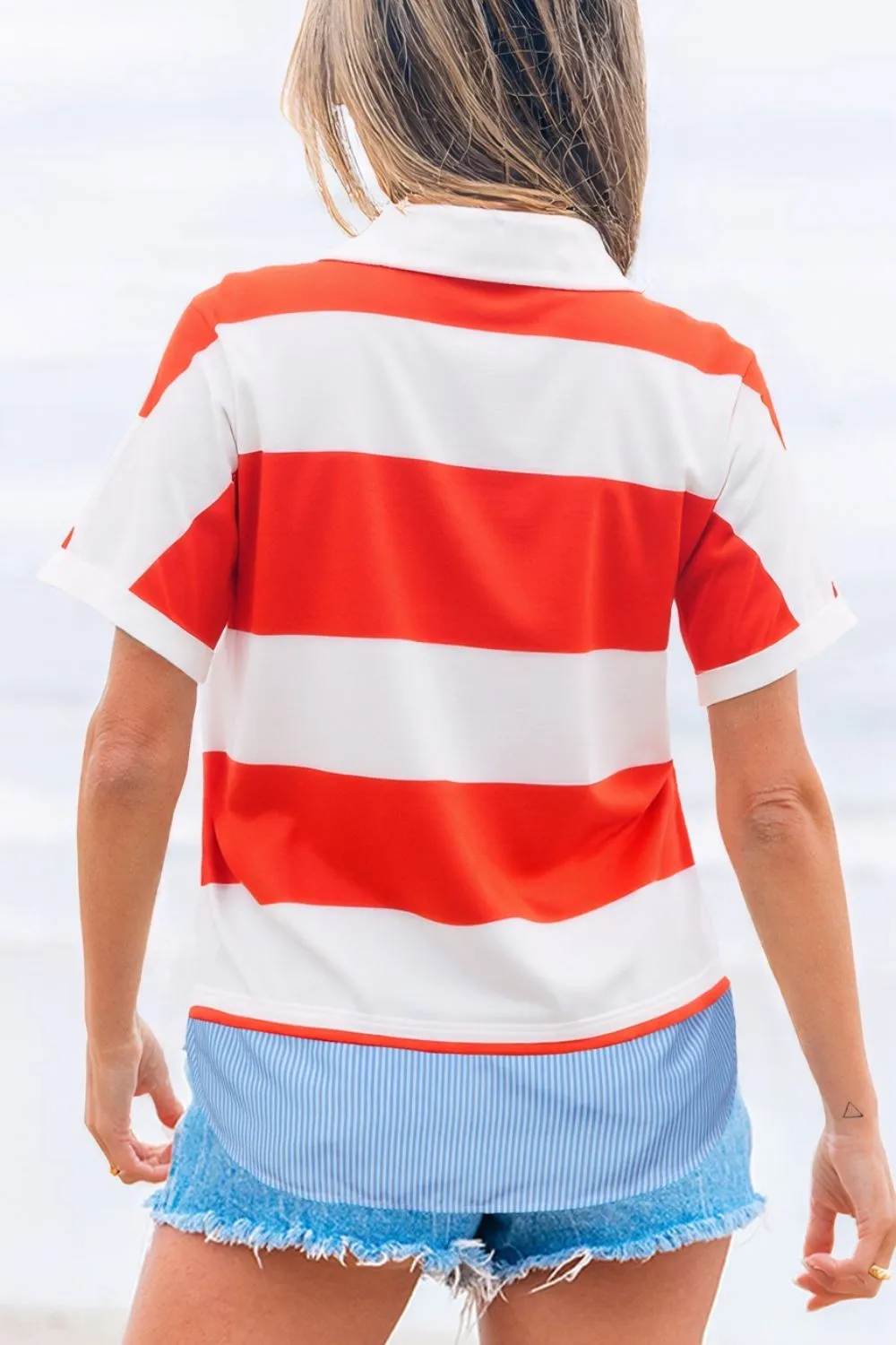 Stripe Collar V Neck Cuffed Dolman Short Sleeve Top, image 7