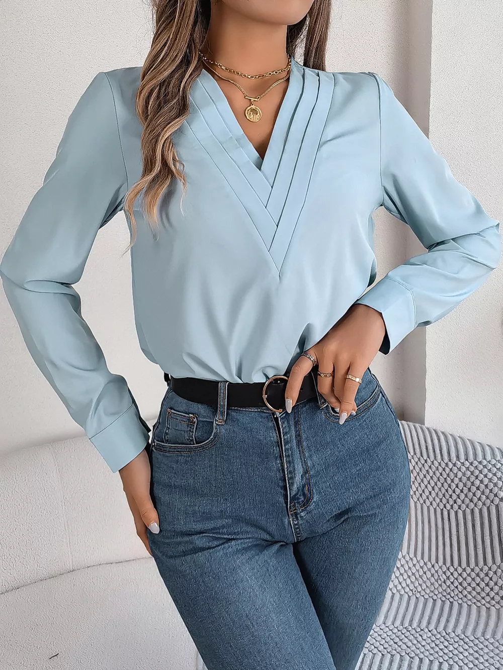 Layered V-Neck Long Sleeve Blouse, image 5