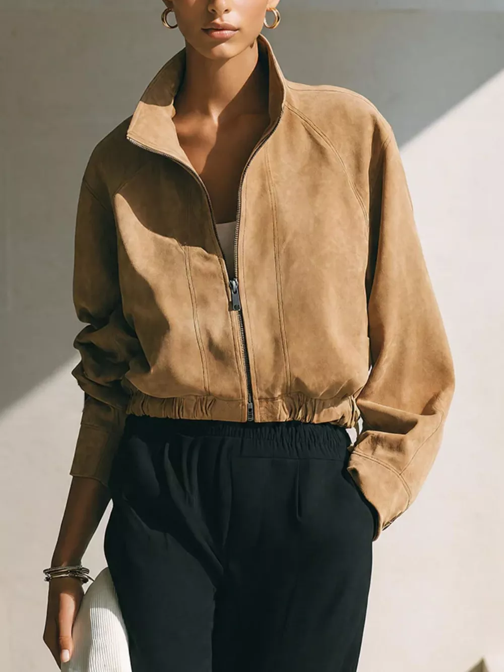 Suede Zip-Up Stand Collar Cropped Jacket