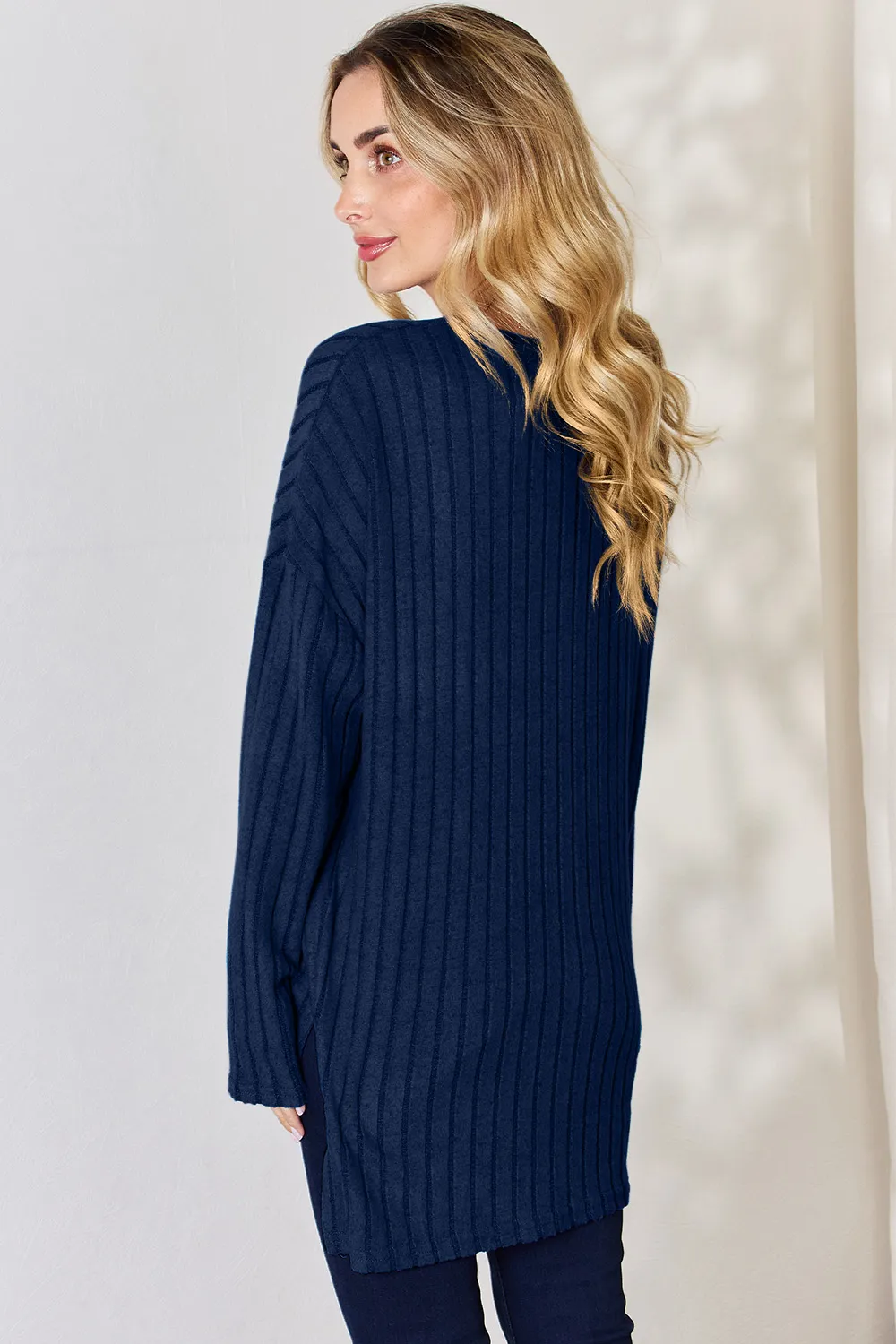 Full Size Ribbed Half Button Long Sleeve High-Low T-Shirt, image 16