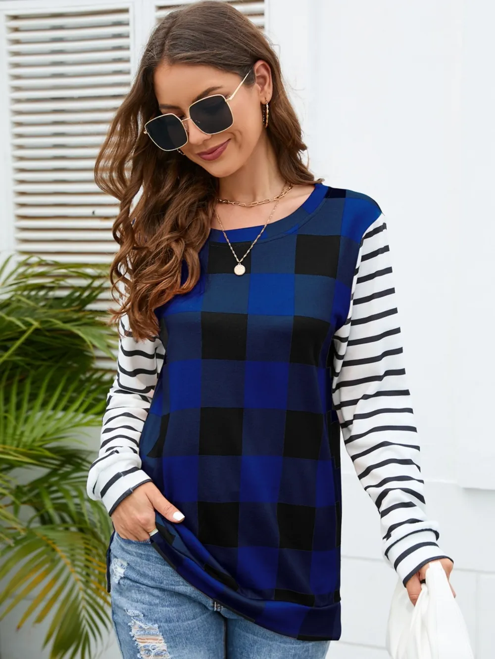 Plaid Striped Round Neck Long Sleeve T-Shirt, image 14