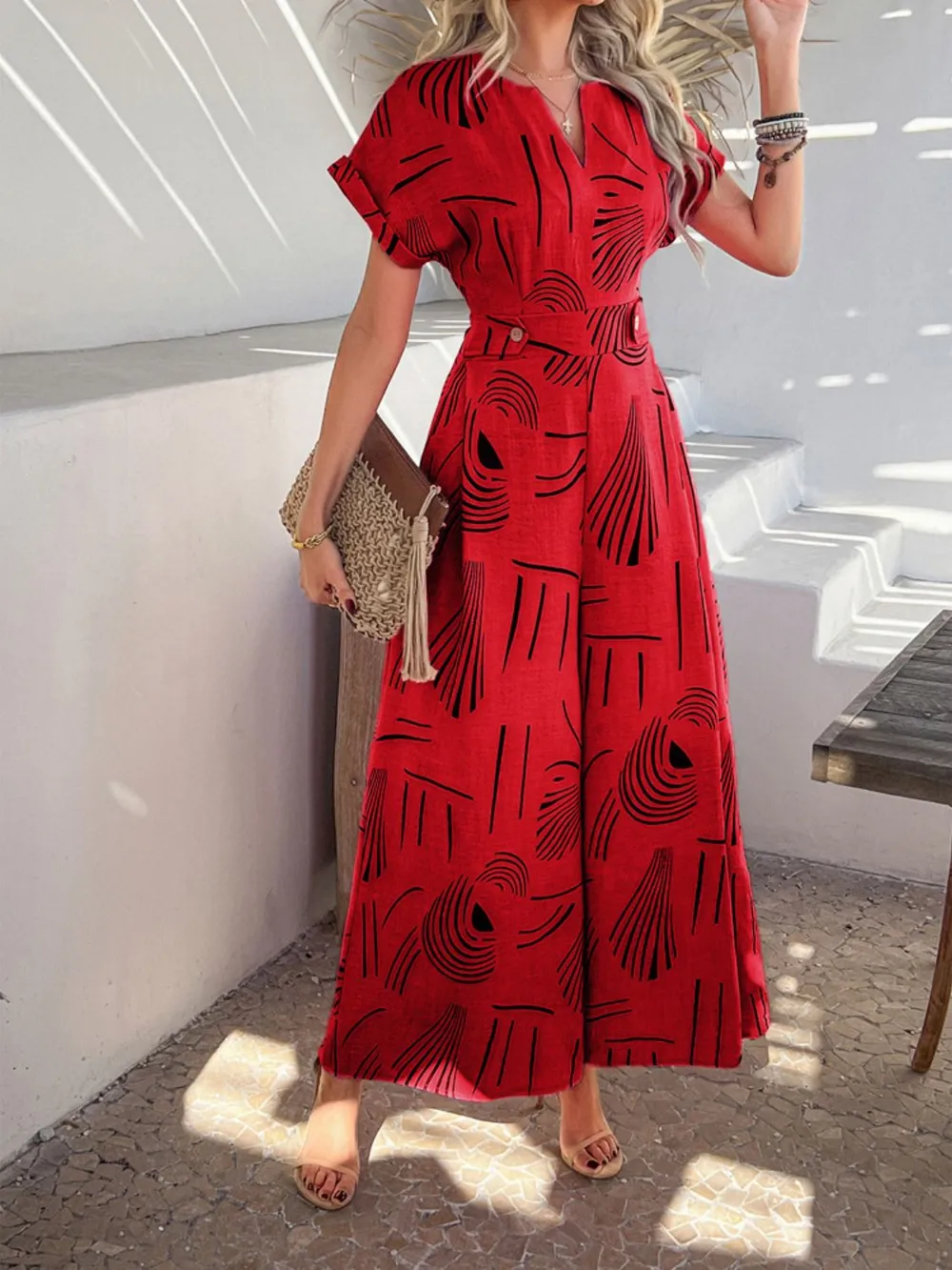 Printed Notched Short Sleeve Wide Leg Jumpsuit, image 7