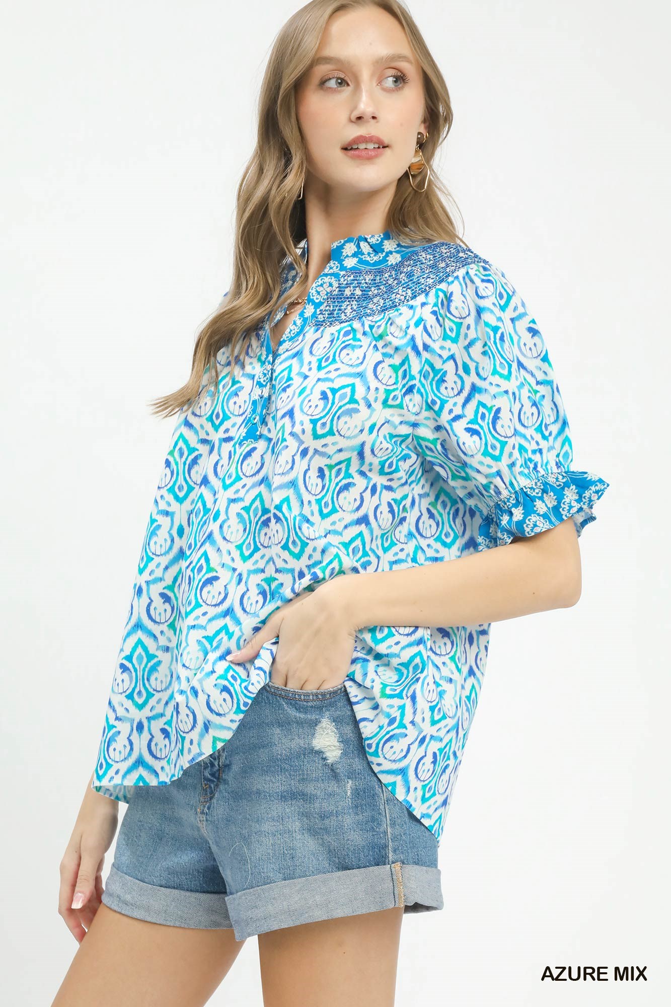 Mix Boho Puff Sleeve Smocked Top, image 2
