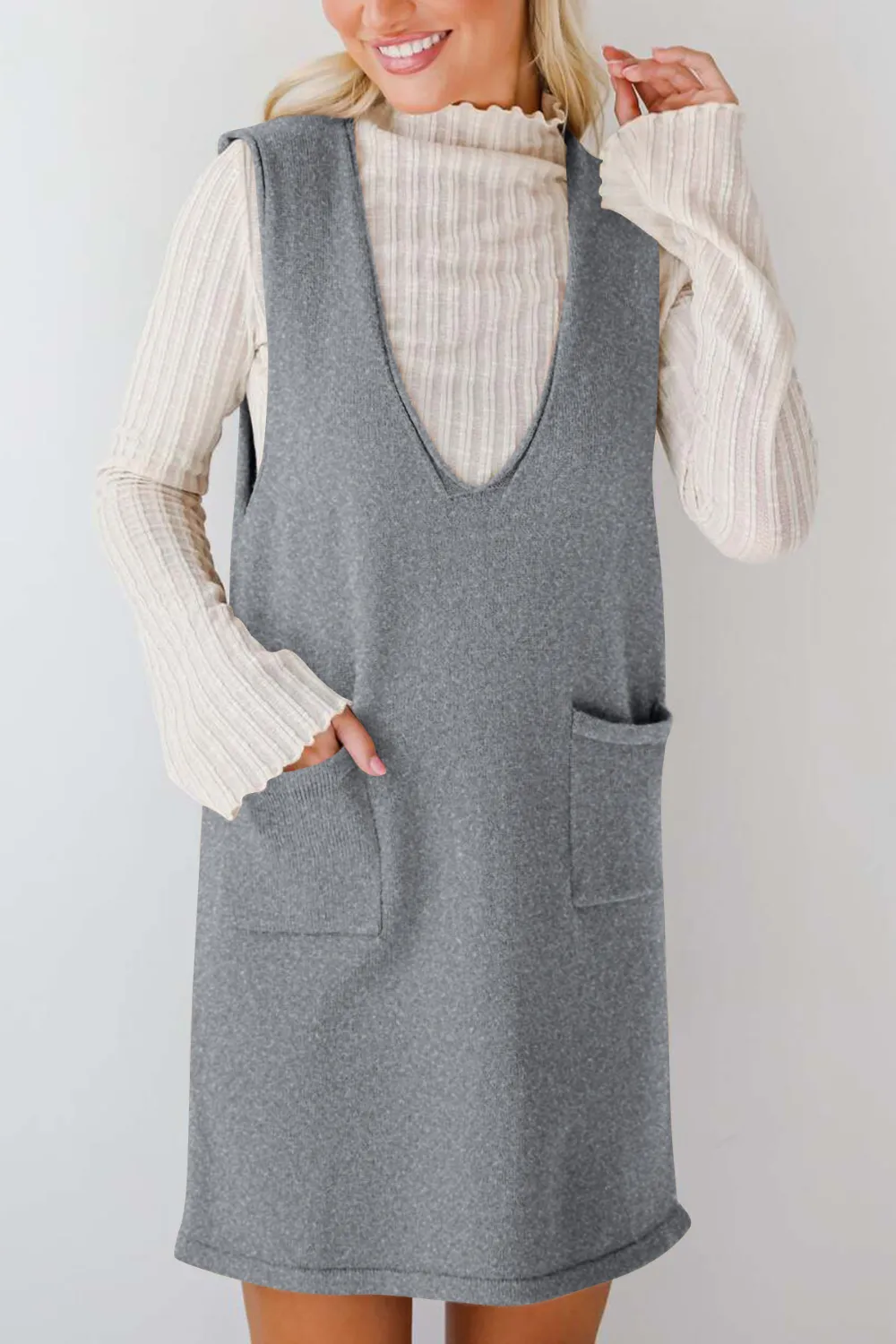 Pocketed V-Neck Mini Sweater Overall Dress, image 21