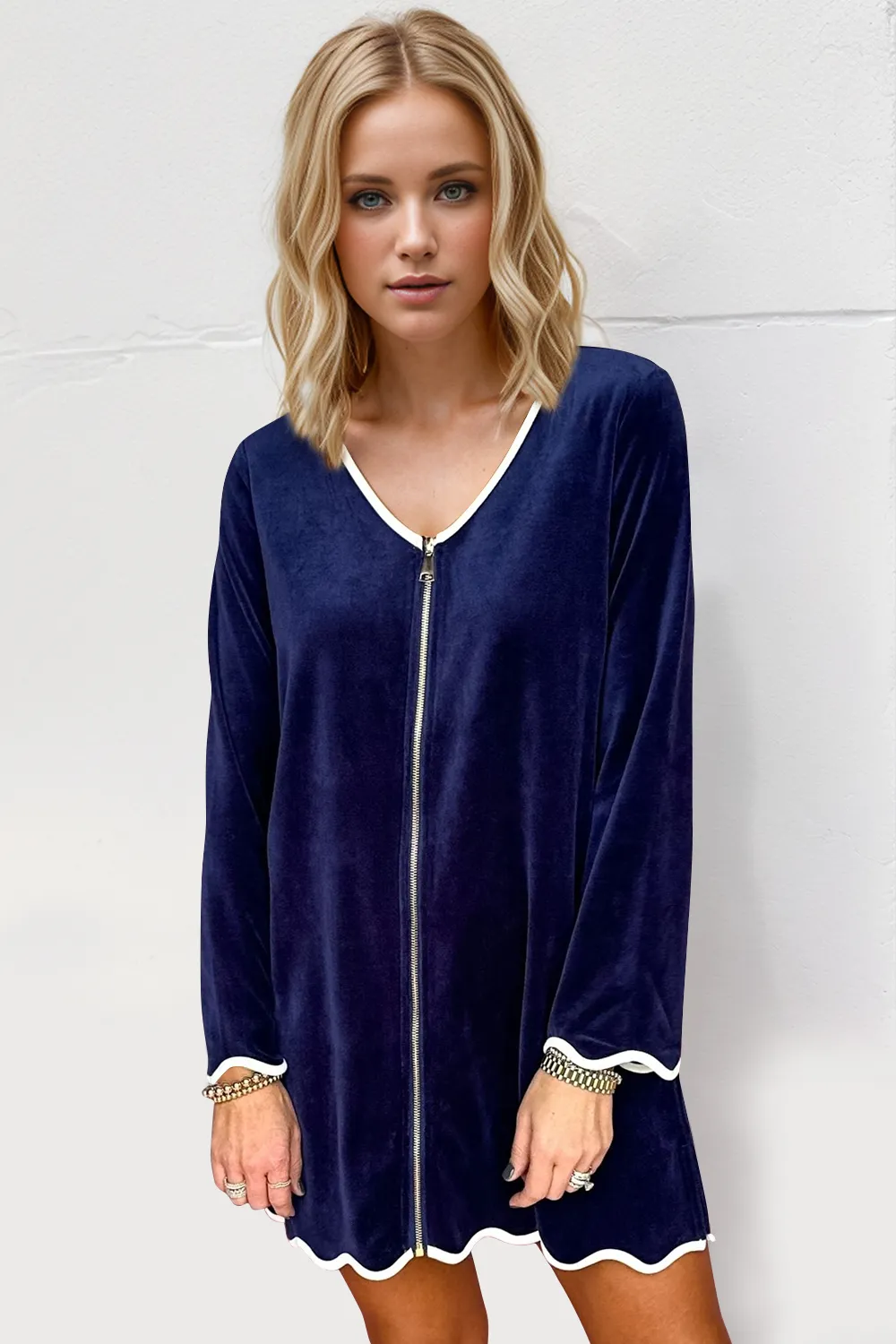 Wave Contrast Trim V-Neck Zip Up Long Sleeve Mini Dress, image 5