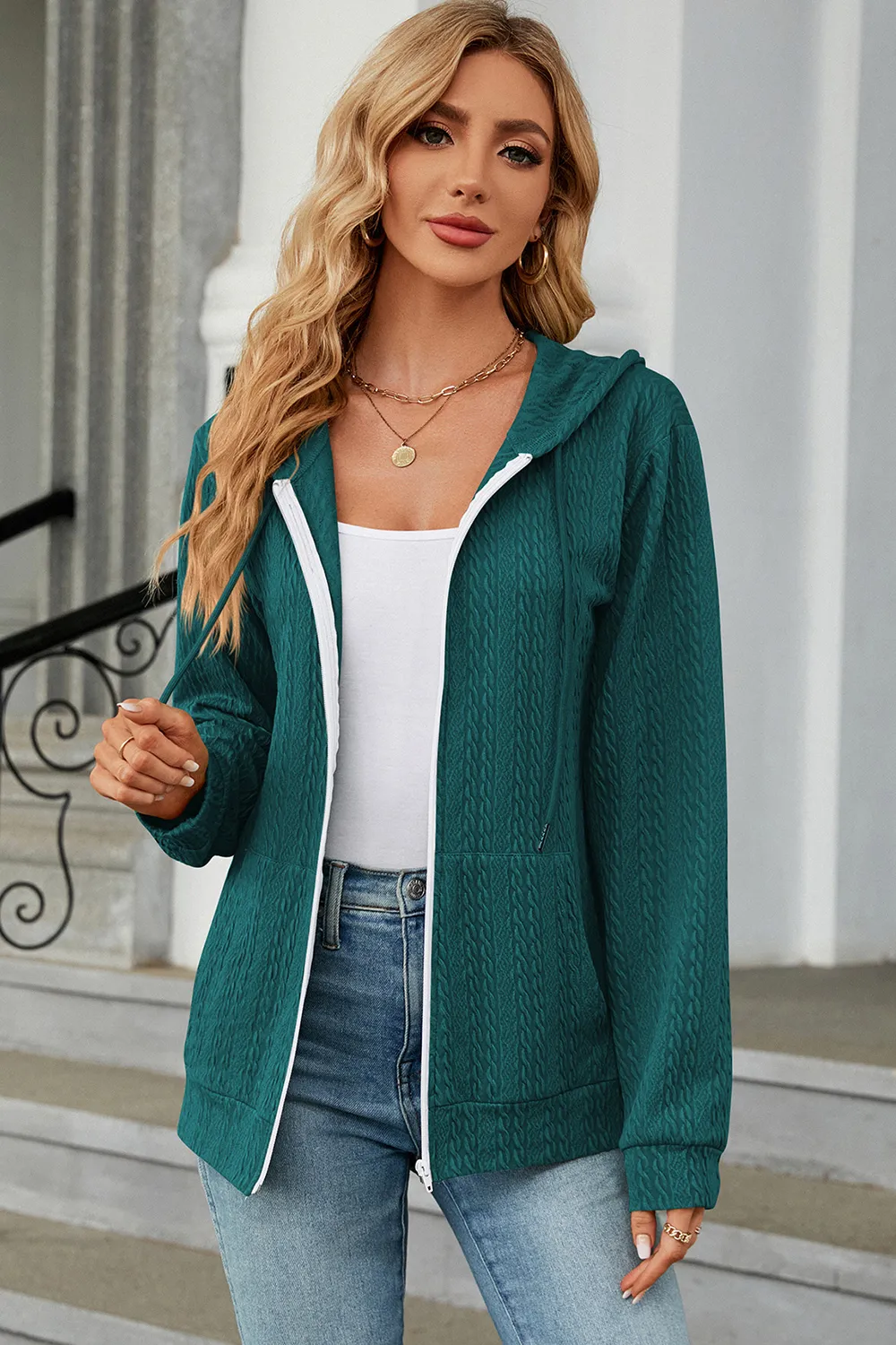 Drawstring Zip Up Long Sleeve Hoodie, image 3