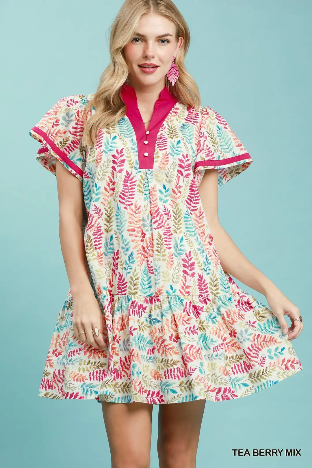 Leaf Print Flutter Sleeve Tiered Mini Dress