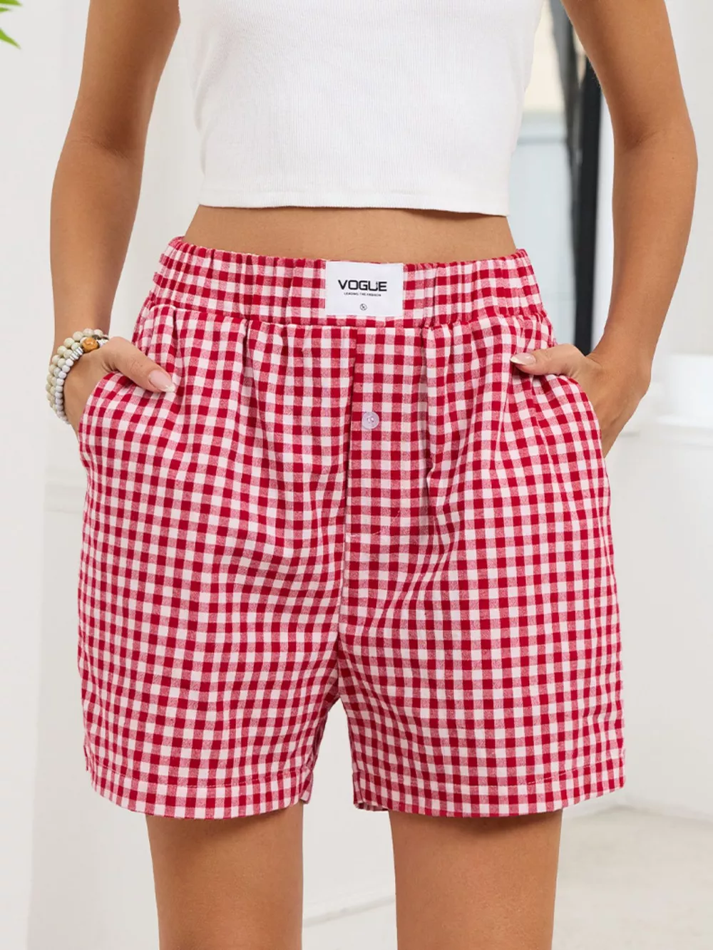 Gingham Elastic Waist Casual Shorts, image 13