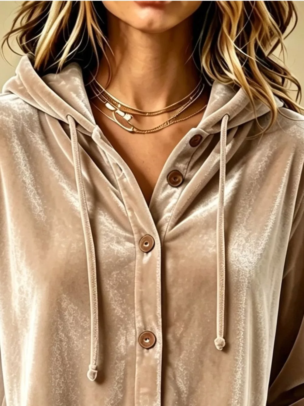 Full Size Velvet Button-Down Hooded Top Plus Size, image 3