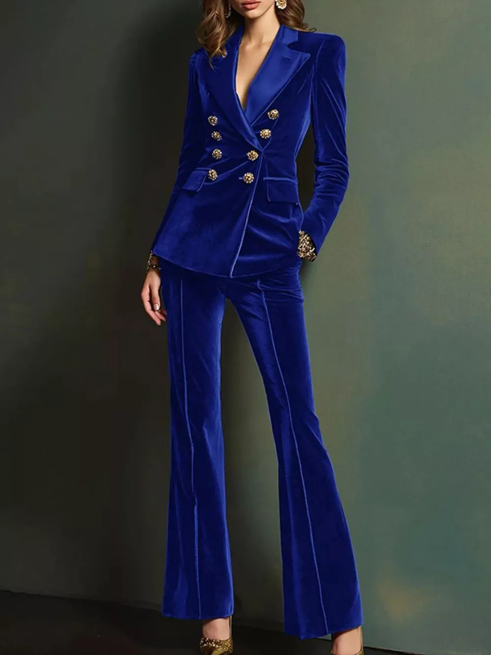 Velvet Double-Breasted Blazer and Flare Pant Set, image 5