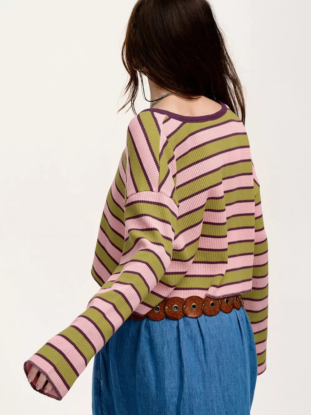 Stripes Waffle Texture Notched Neck Long Sleeve Top, image 3