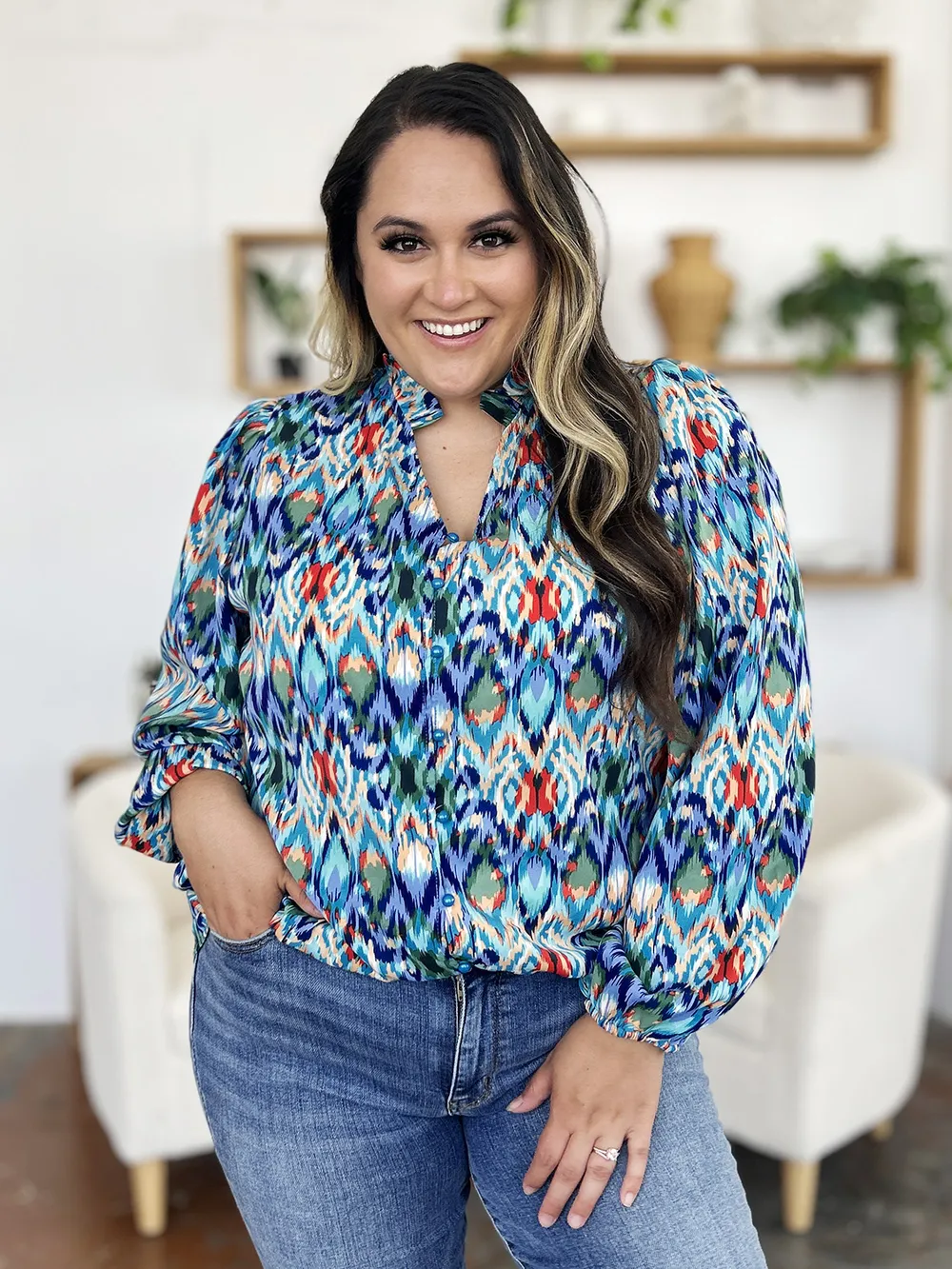 Full Size Printed Balloon Sleeve Blouse, image 13