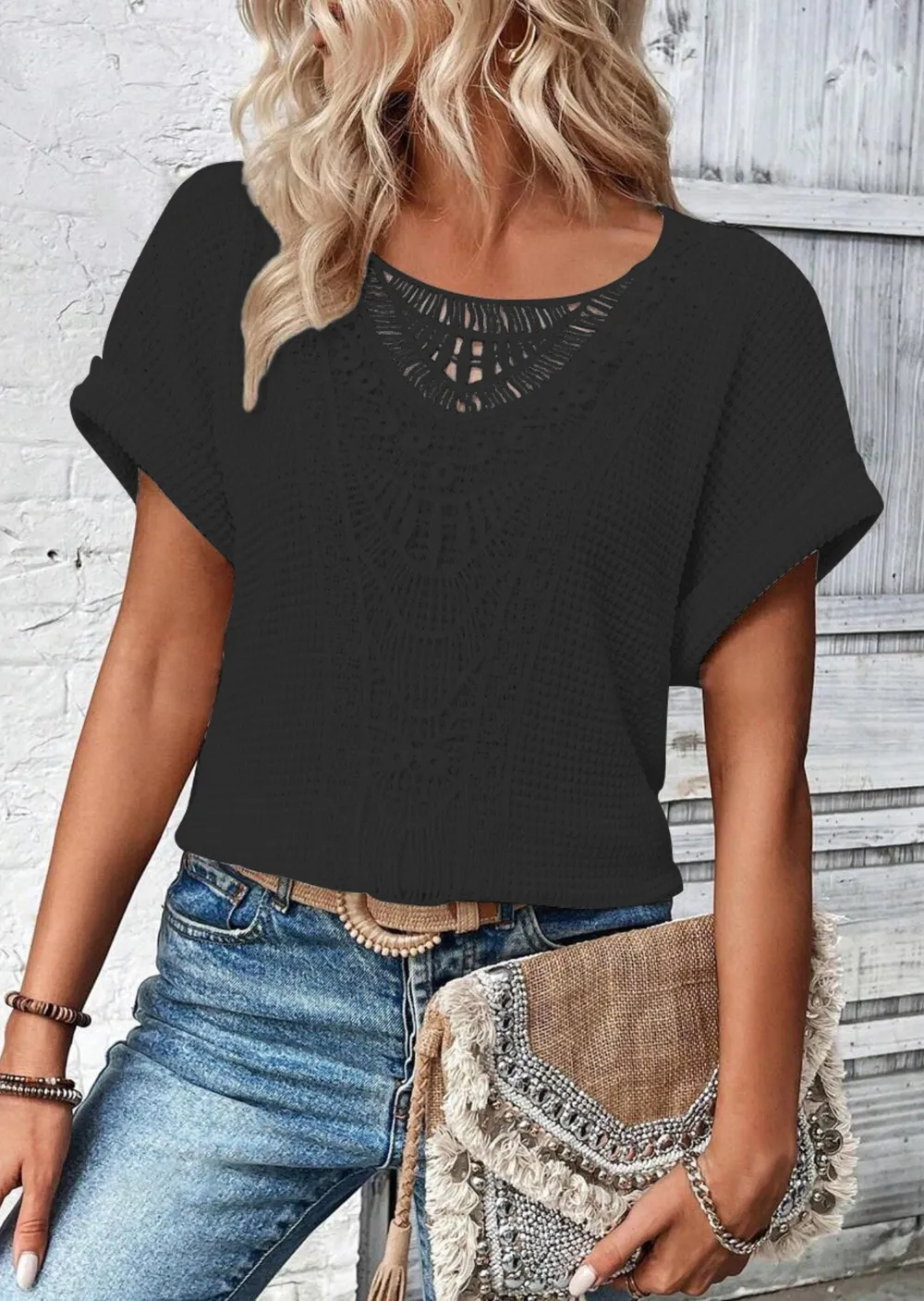 Crochet Lace Short Sleeve Casual T-Shirt, image 9