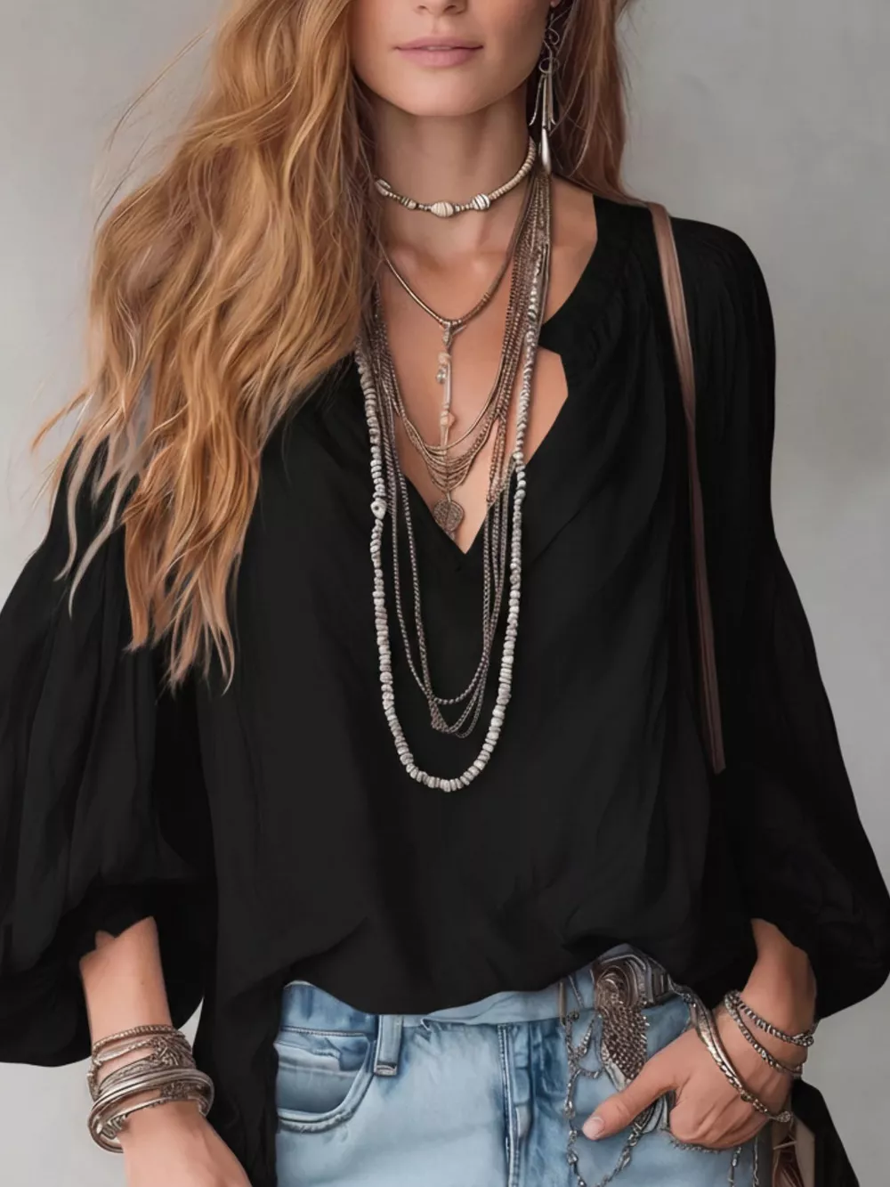 Notched Balloon Sleeve Blouse, image 6