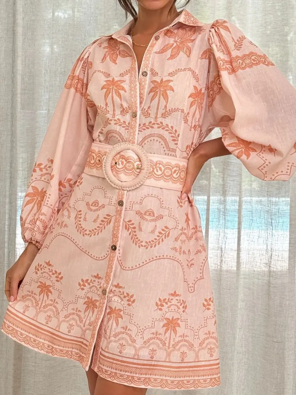Printed Button Down Shirt Dress with Belt, image 7