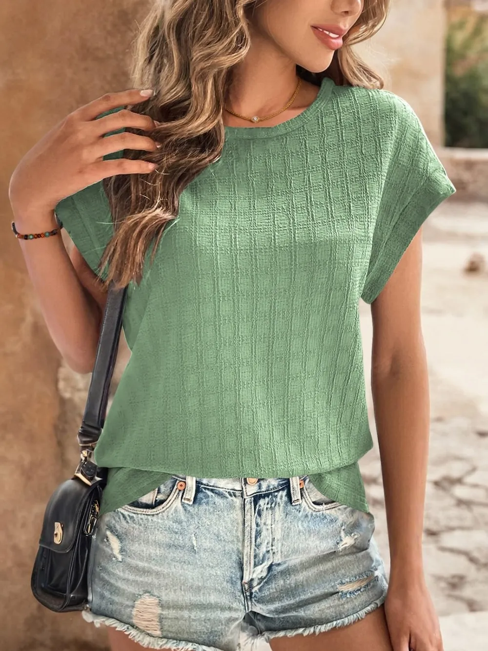 Textured Round Neck Short Sleeve Top, image 30