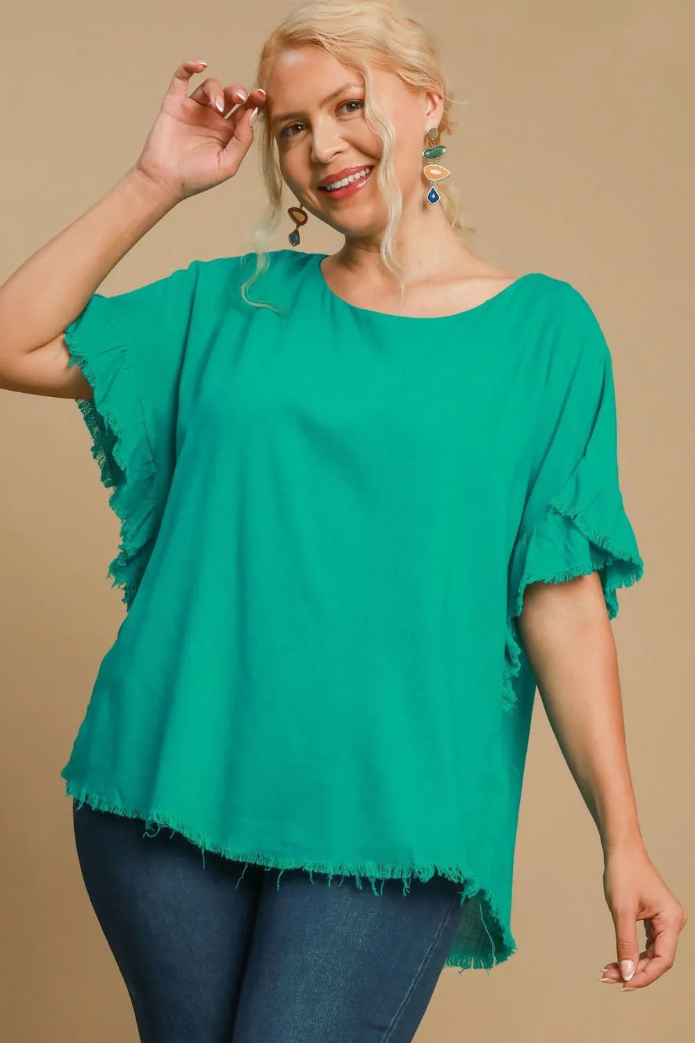 Full Size Raw Hem Ruffle Short Sleeve Blouse Plus Size, image 4