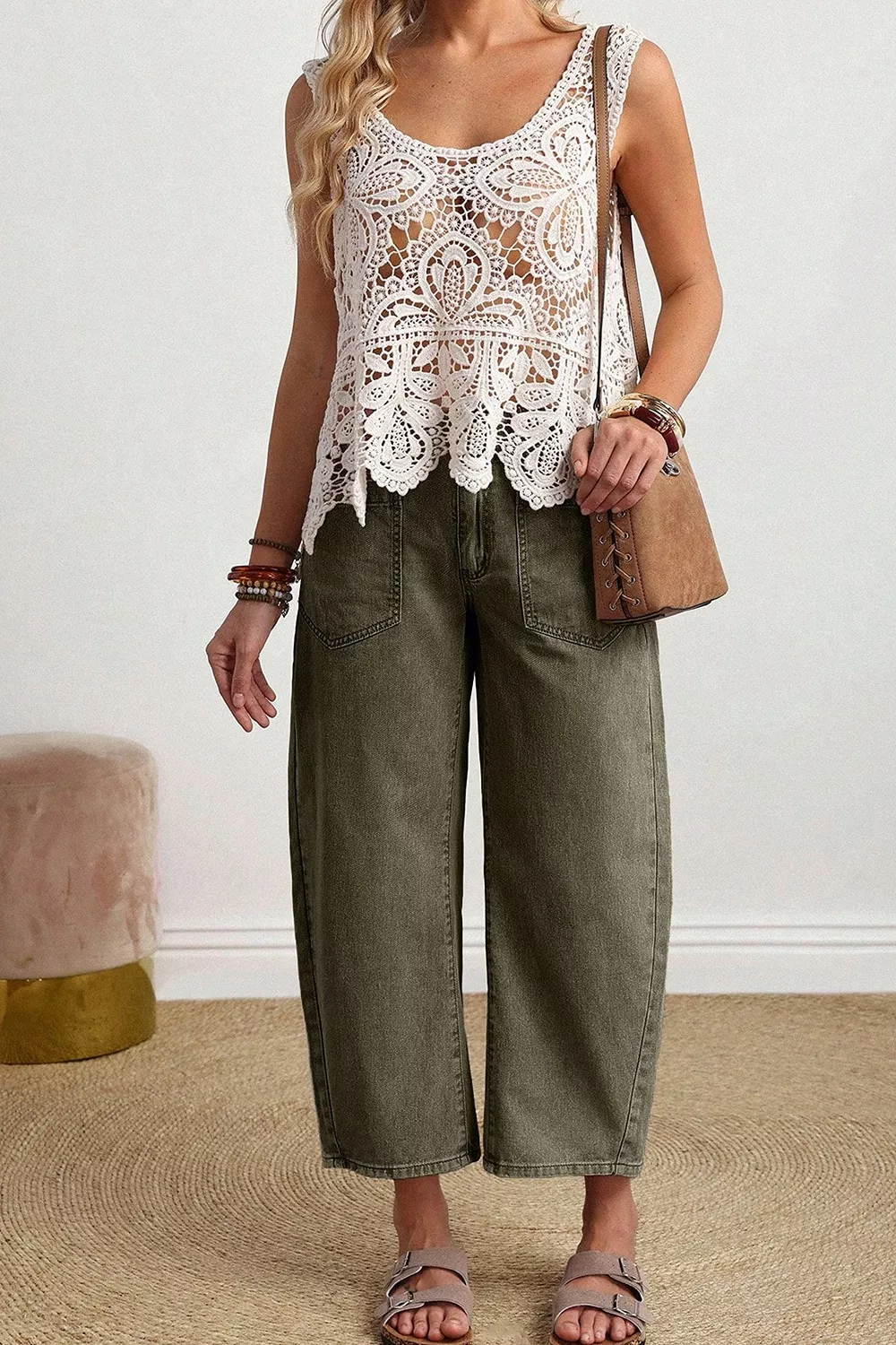 Four Leaf Clover Solid Color Square Patch Pocket Ankle-length Barrel Jeans, image 8