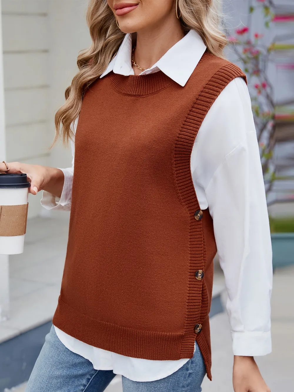 Buttoned Round Neck Sweater Vest, image 14