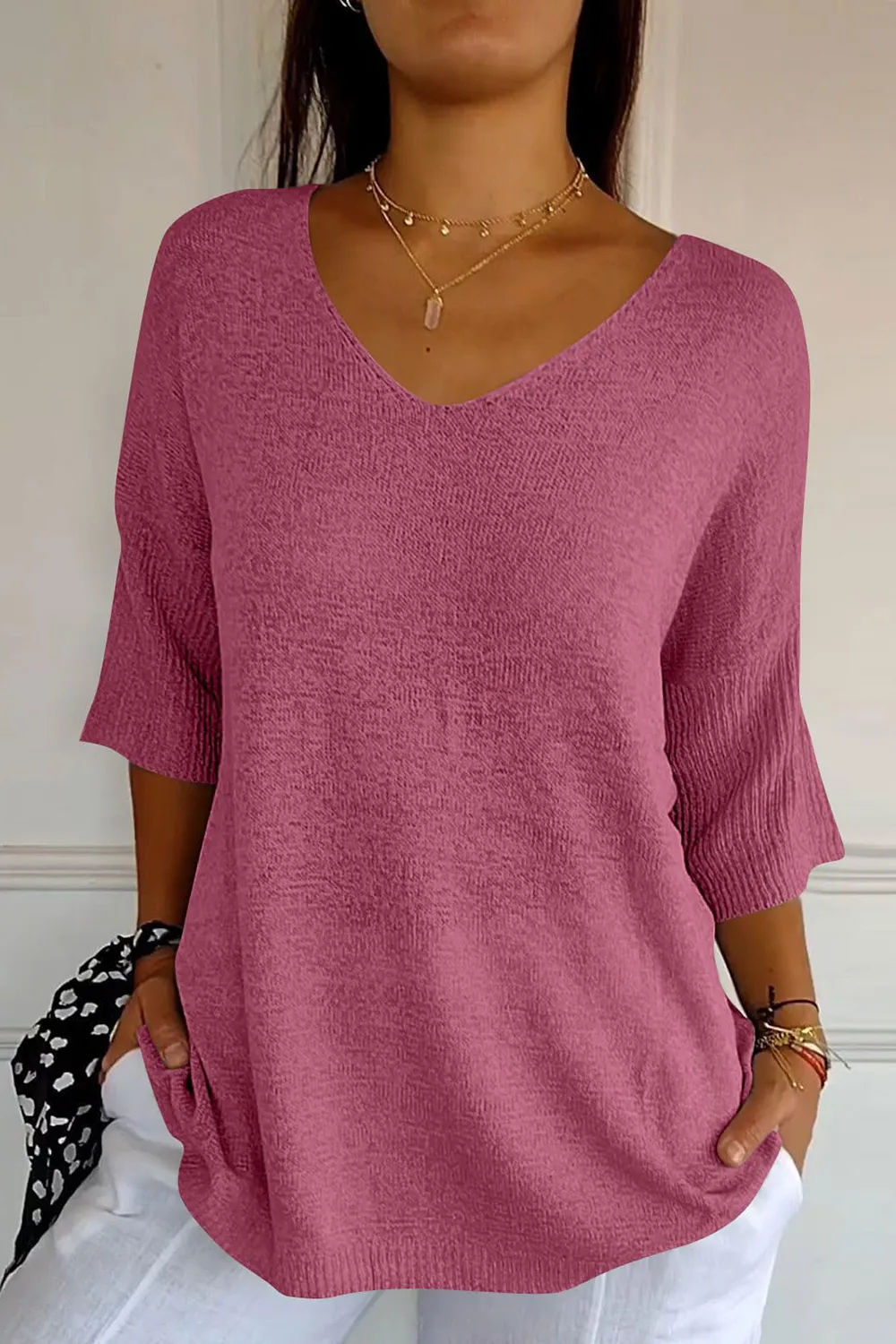 V-Neck Three-Quarter Sleeve Knit Top, image 4