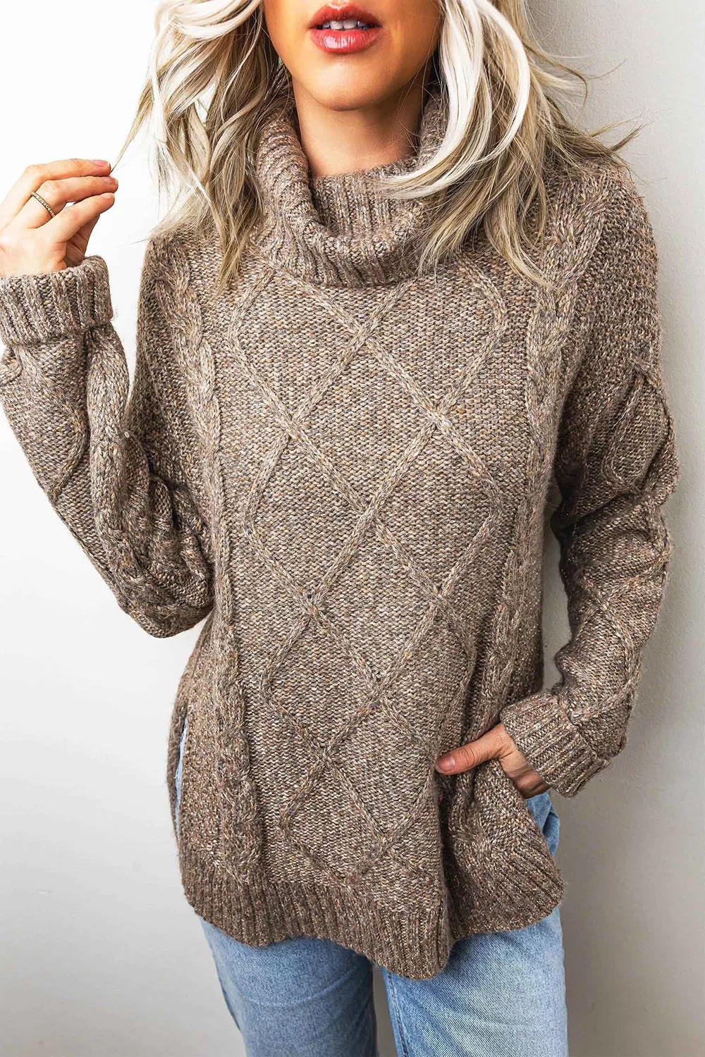High Neck Drop Shoulder Cable Knit Regular Length Sweater, image 2
