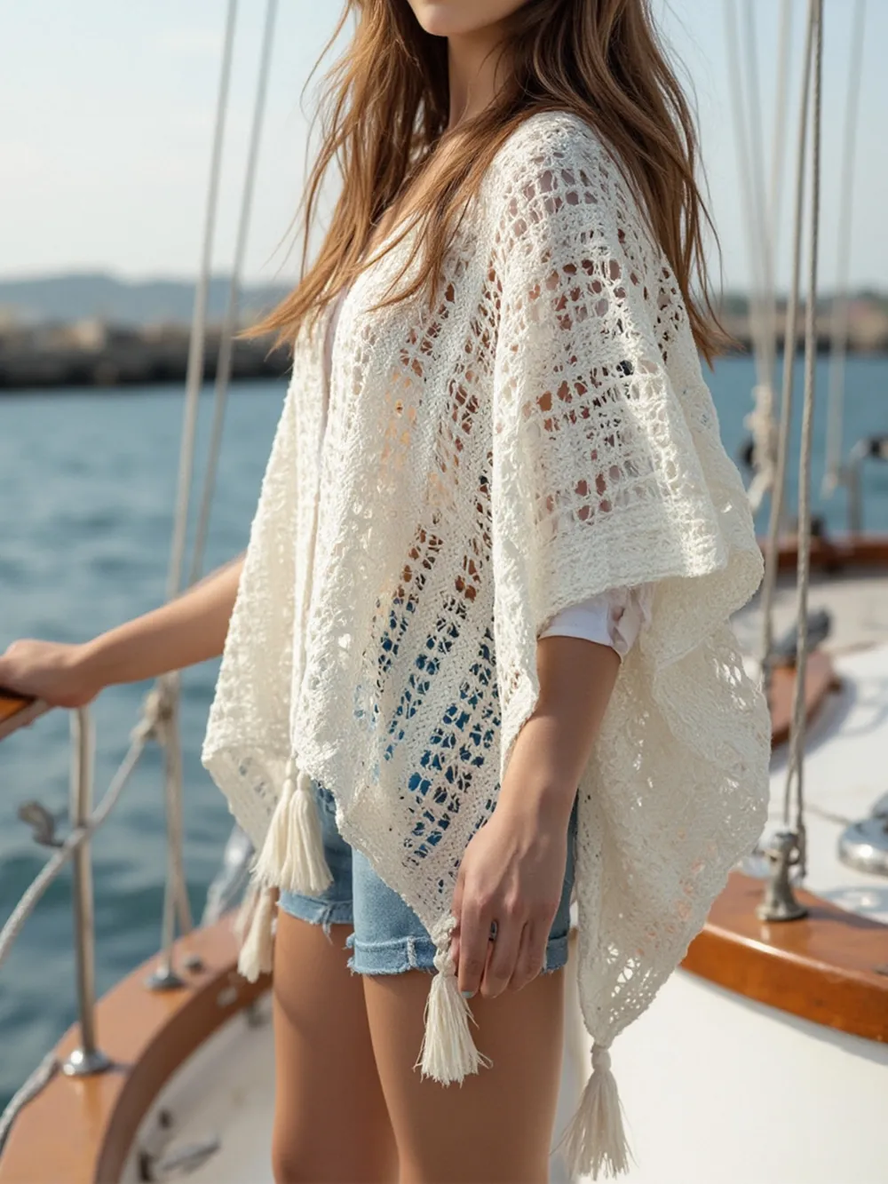 Openwork Tassel Open Front Knit Cover Up, image 6