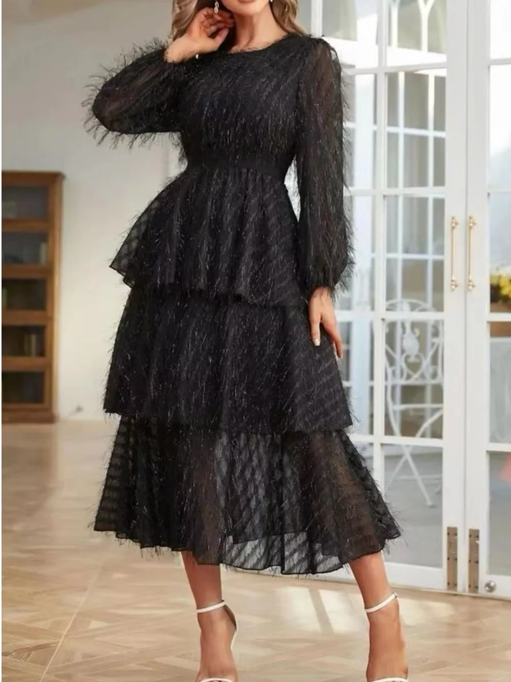 Full Size Layered Balloon Sleeve Midi Dress Plus Size, image 5