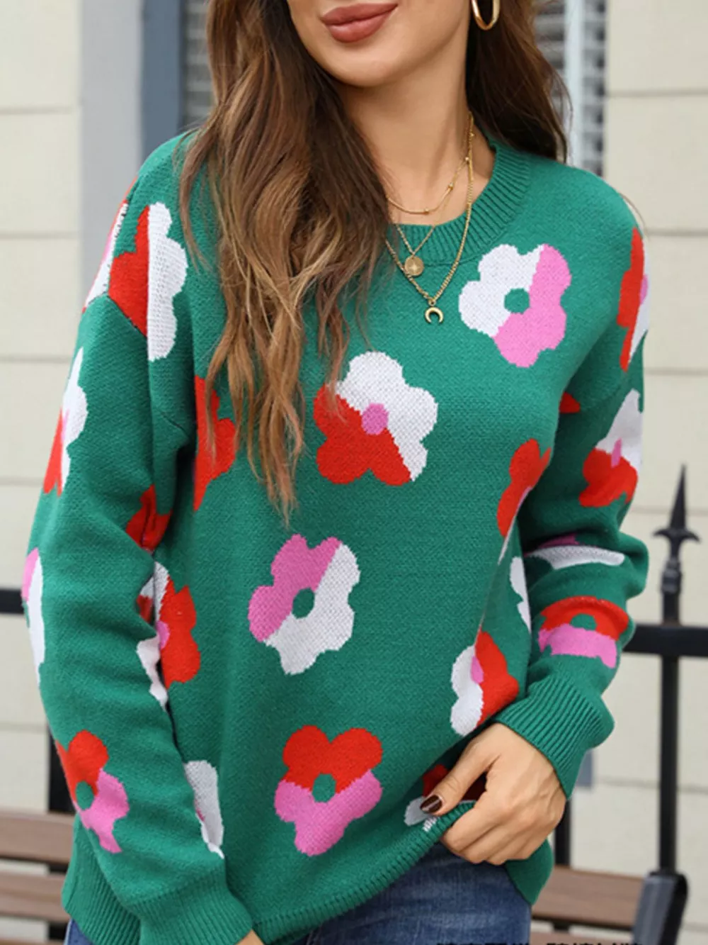 Floral Crew Neck Long Sleeve Sweater, image 8