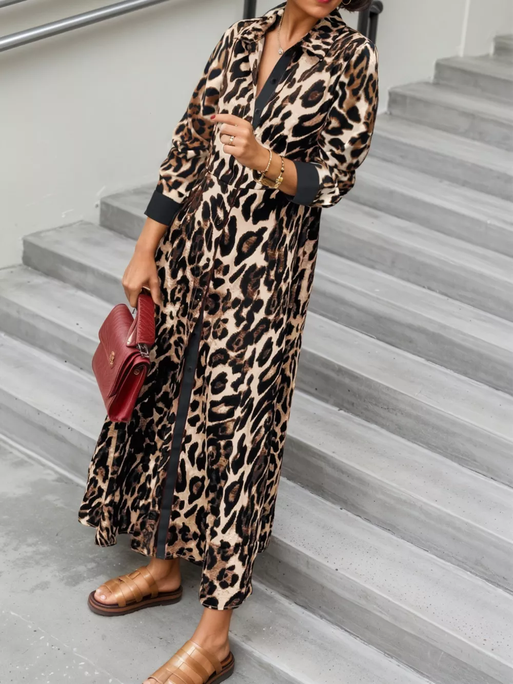Leopard Print Long Sleeve Shirt Dress with Contrast Trim, image 6