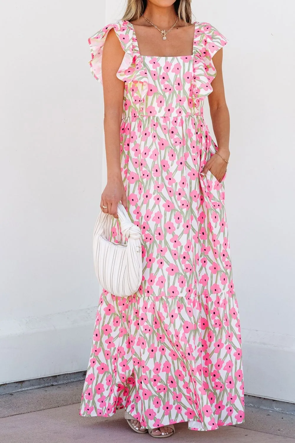 Floral Print Square Neck Ruffled Cap Sleeve Maxi Dress, image 6