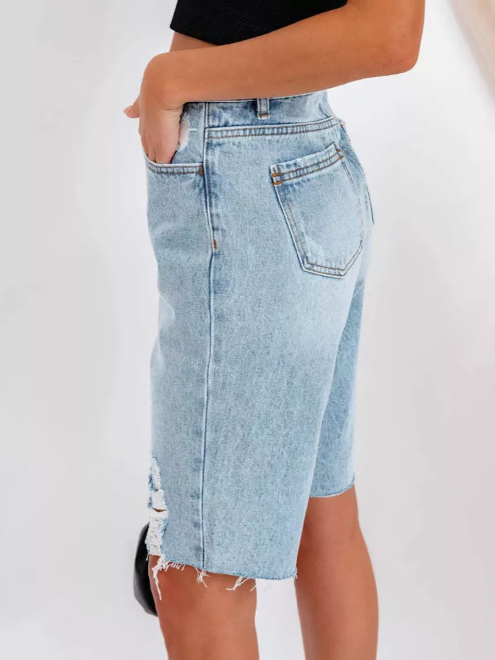 High-Waisted Distressed Denim Shorts, image 3