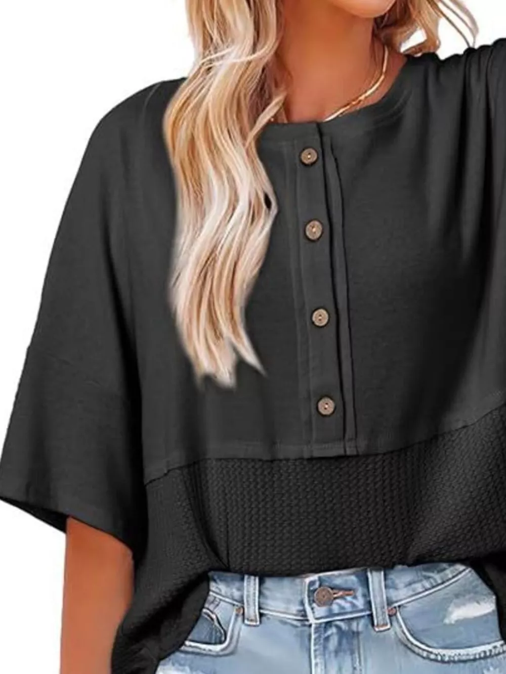 Button Detail Texture Knit T-Shirt, image 2