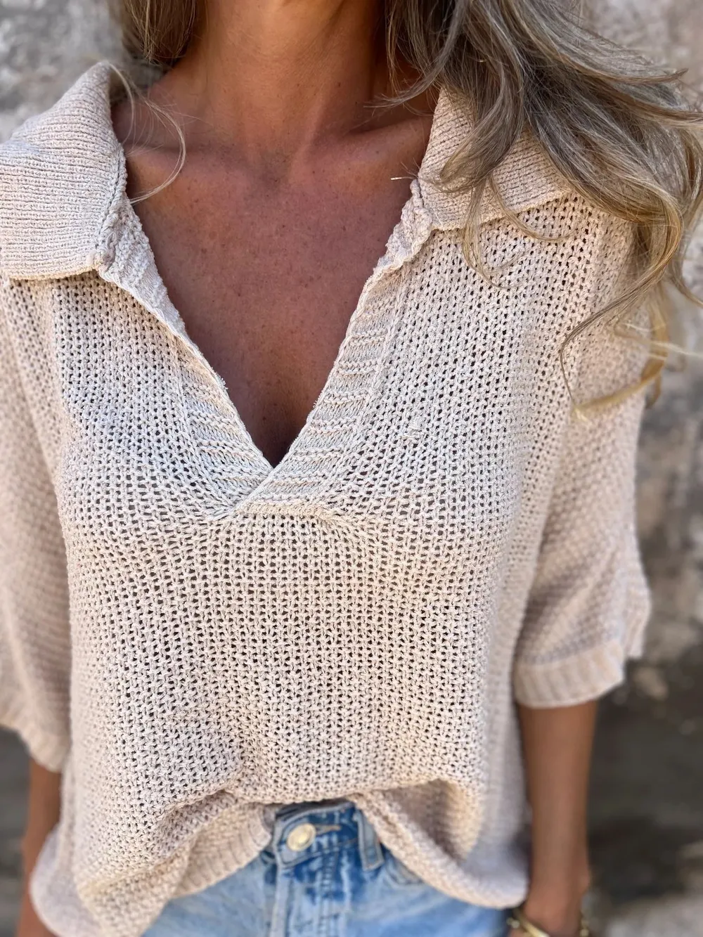 Full Size Johnny Collar Loose Knit Sweater Plus Size, image 2