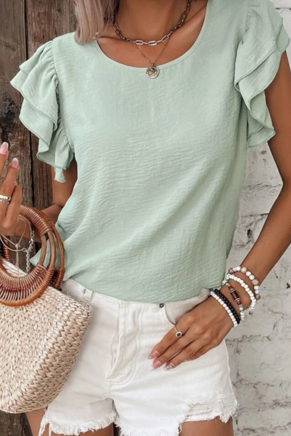 V-Neck Ruffled Cap Sleeve Blouse, image 4