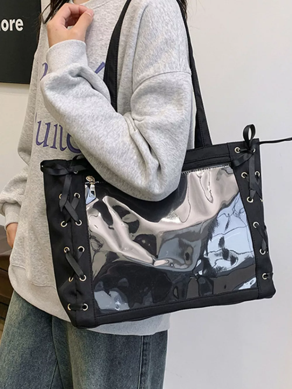 Lace-Up Trim Clear Panel Shoulder Bag, image 2