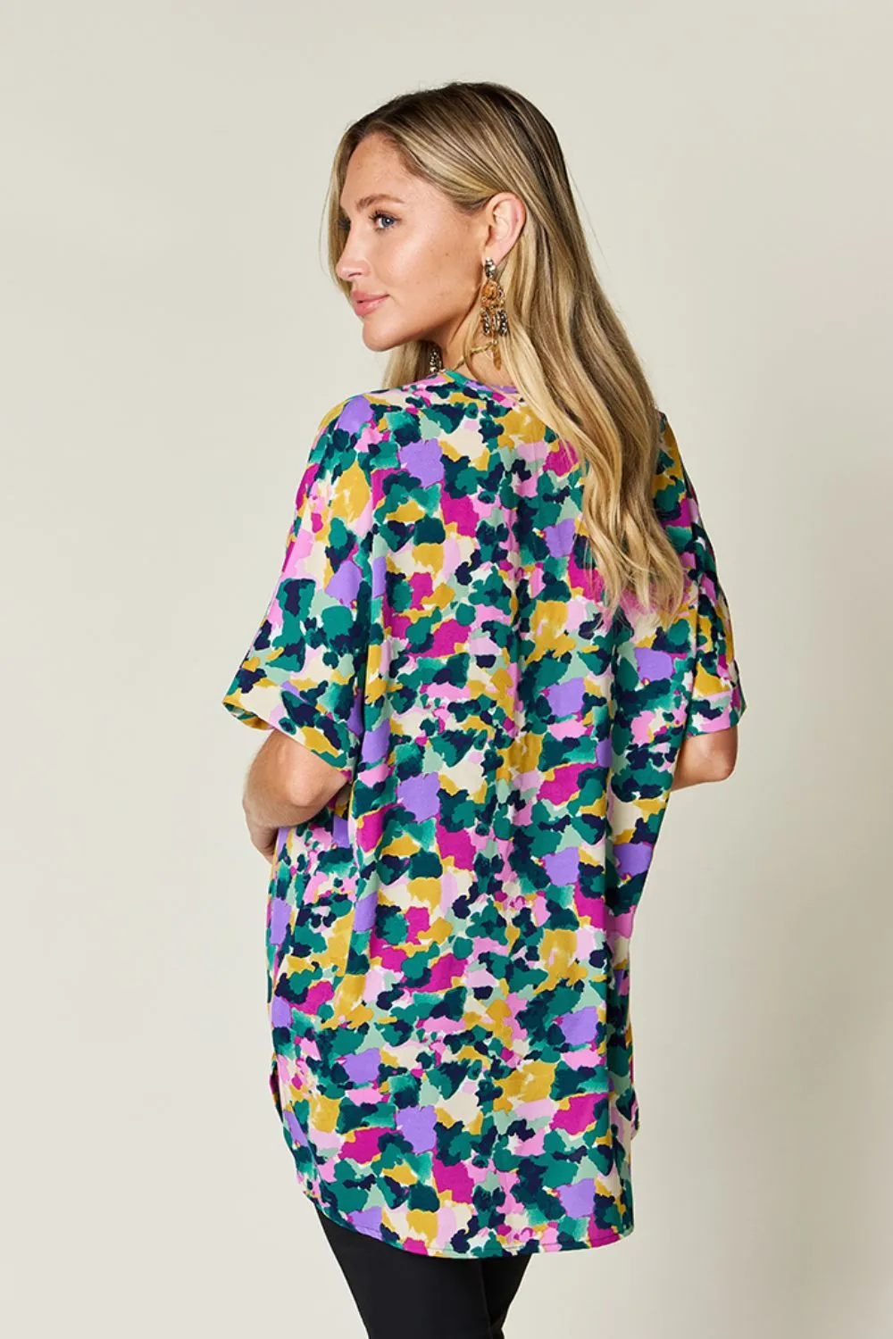Full Size Printed V-Neck Short Sleeve Side Slit Top, image 2