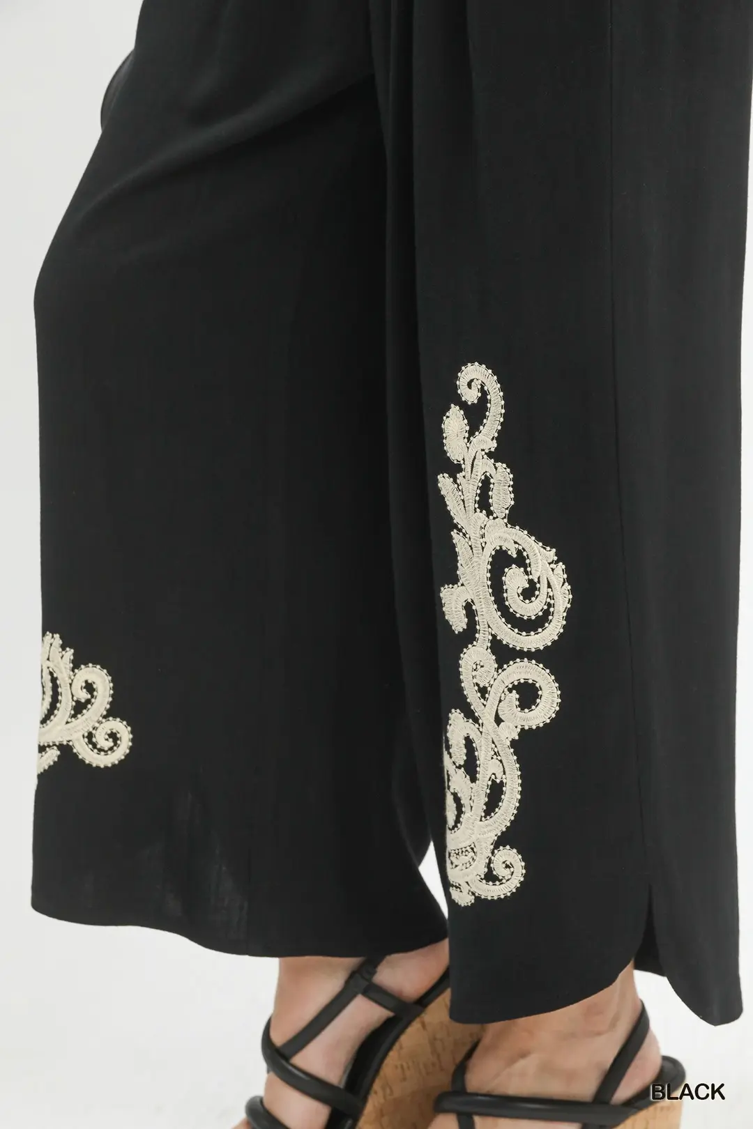 Linen Embroidered Wide-Leg Boho Pants, image 4
