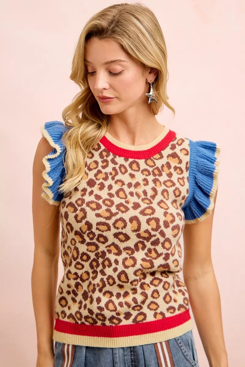 BiBi 4th Of July Leopard Ruffled Detail Knit Top, image 9